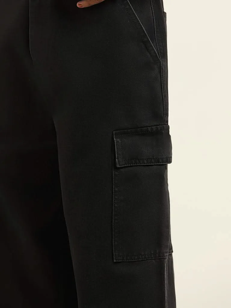 Nuon Black Straight Fit High Rise Cargo Jeans