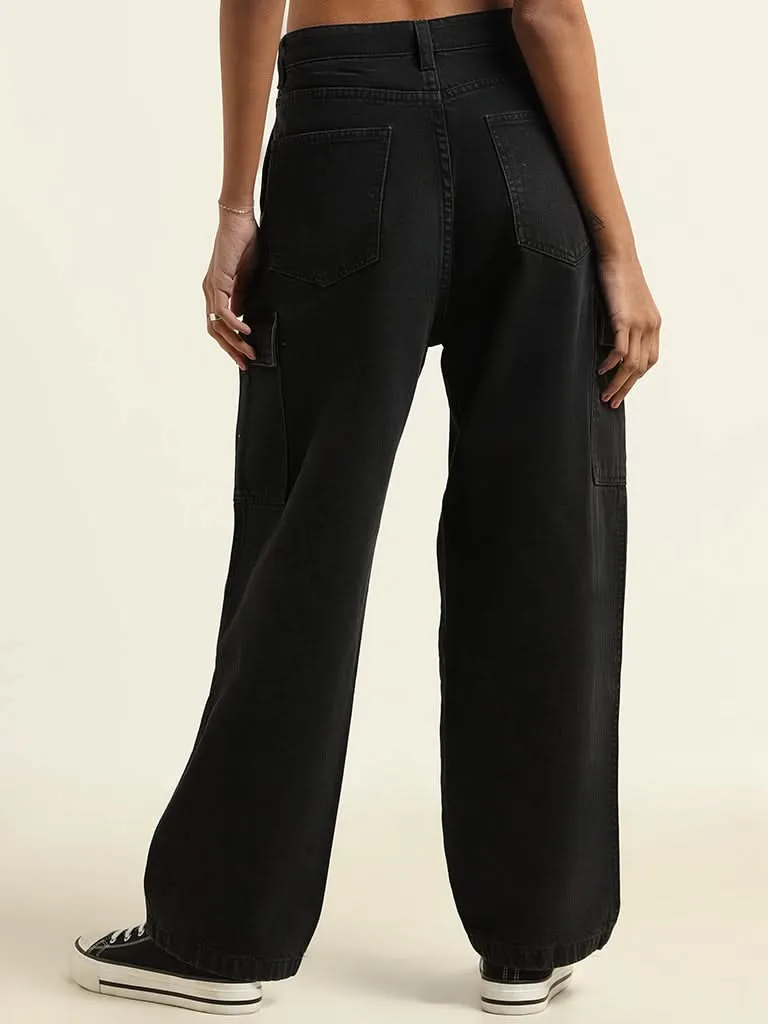 Nuon Black Straight Fit High Rise Cargo Jeans
