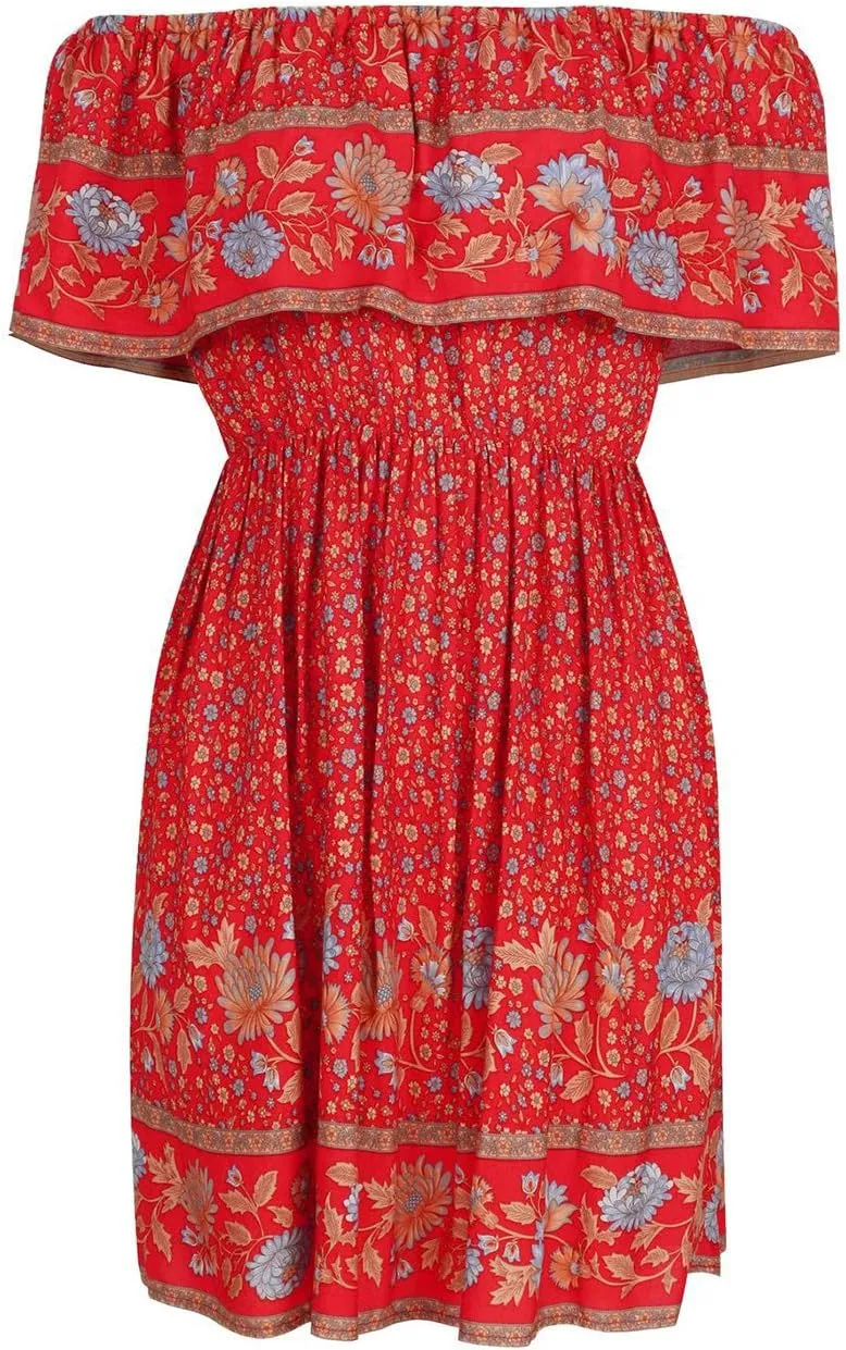 Off Shoulder Boho Floral Swing Mini Dress Summer Strapless Pleated Short Dress