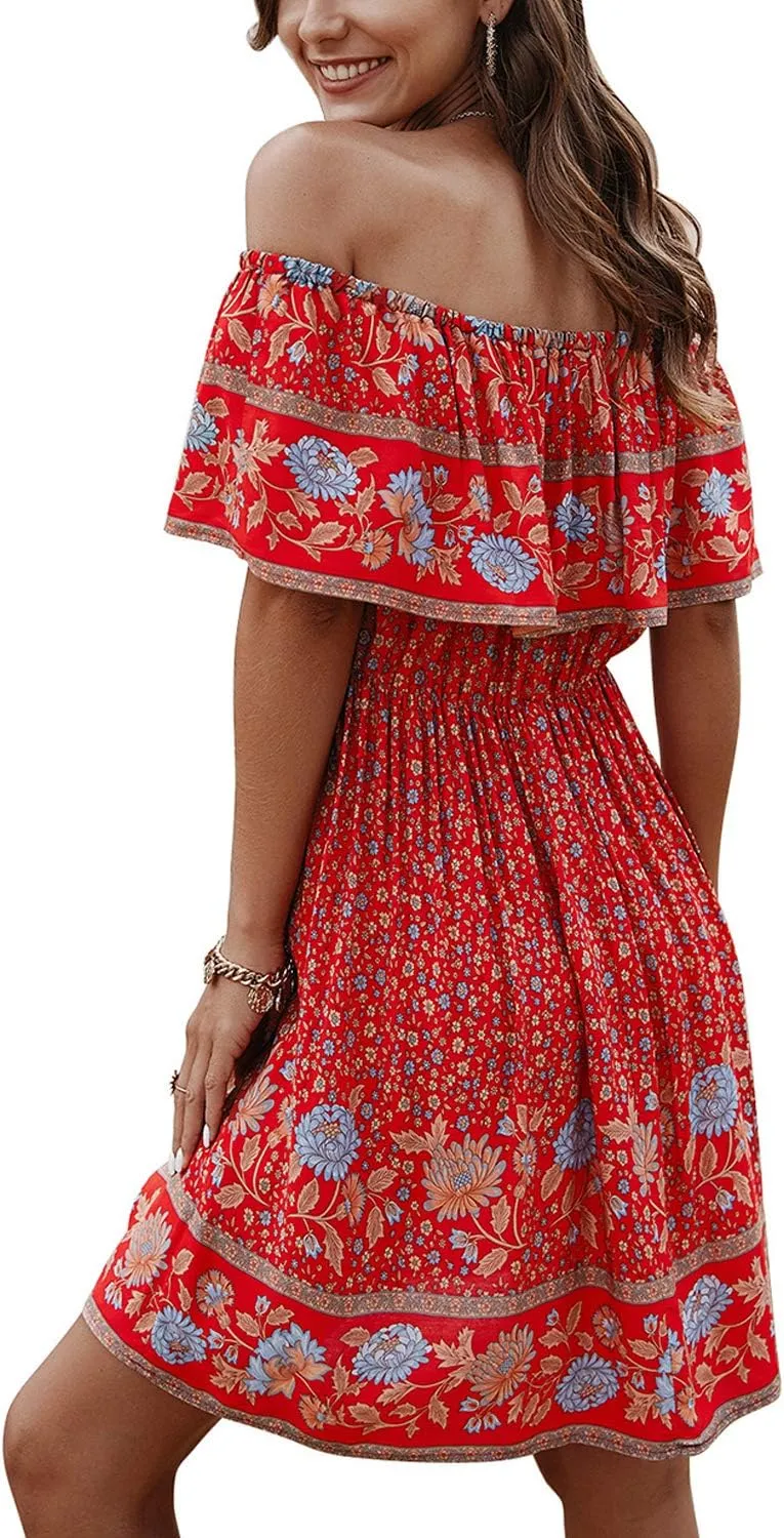 Off Shoulder Boho Floral Swing Mini Dress Summer Strapless Pleated Short Dress