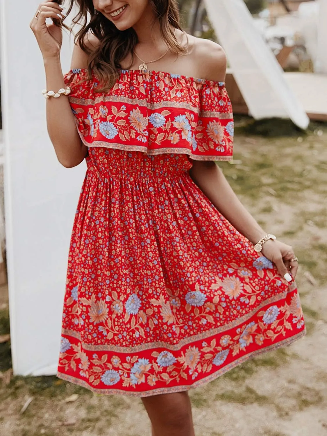 Off Shoulder Boho Floral Swing Mini Dress Summer Strapless Pleated Short Dress