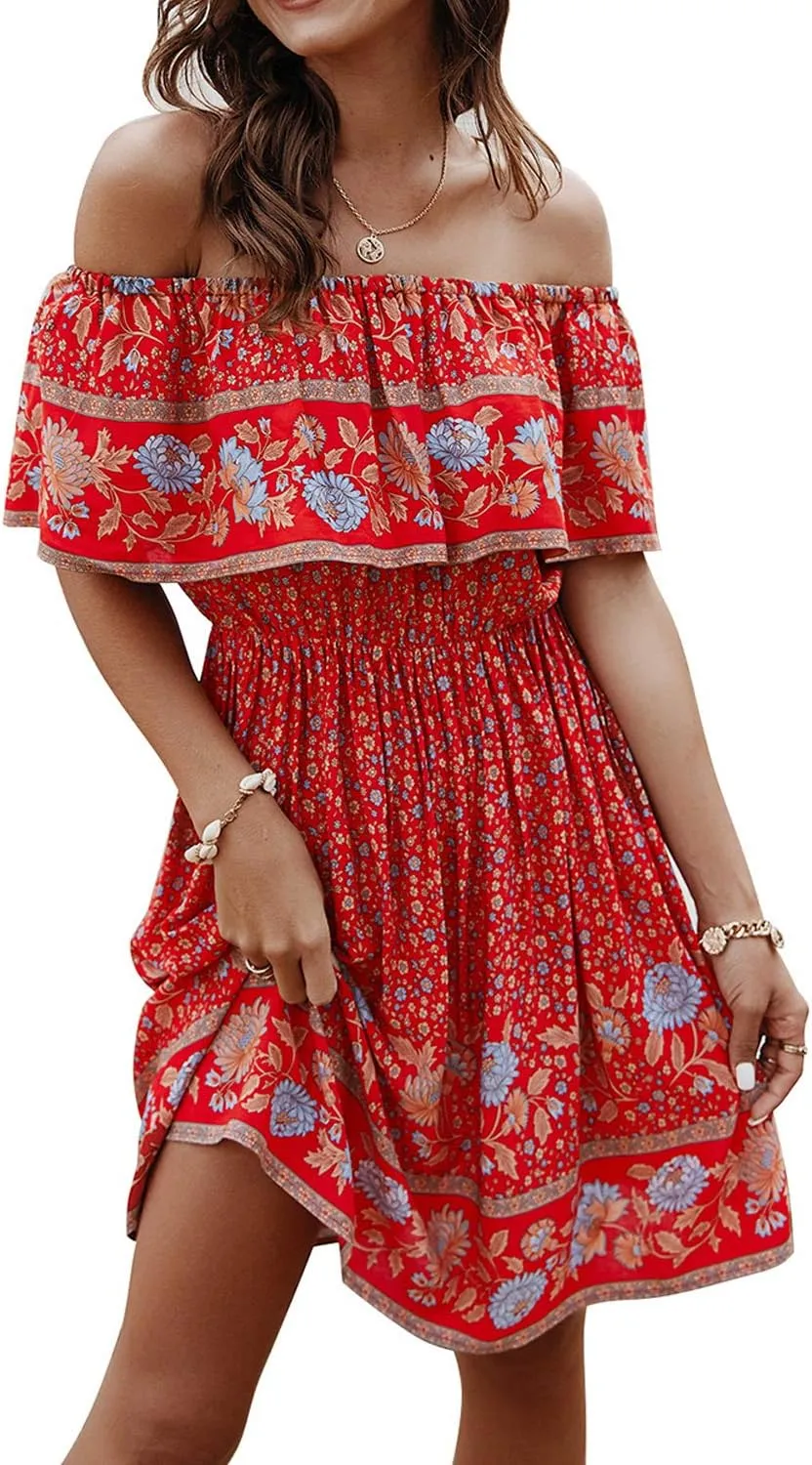 Off Shoulder Boho Floral Swing Mini Dress Summer Strapless Pleated Short Dress