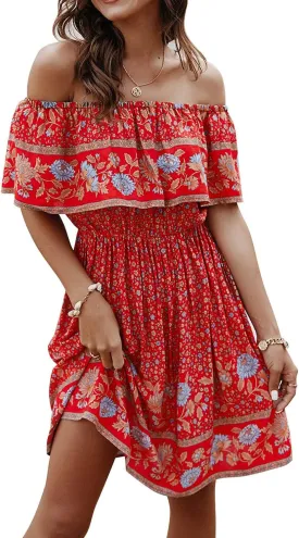 Off Shoulder Boho Floral Swing Mini Dress Summer Strapless Pleated Short Dress
