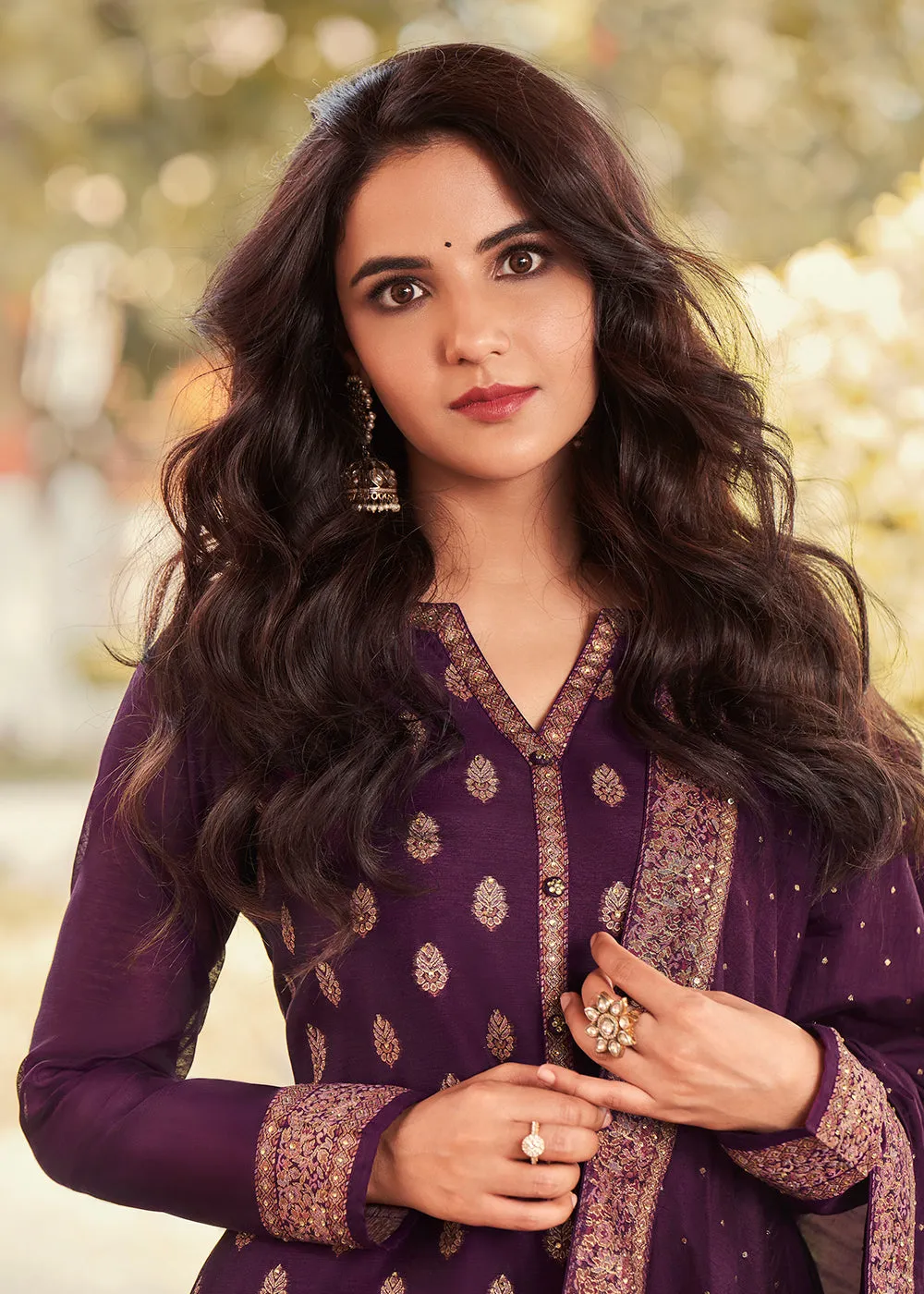 Purple Jacquard Embordered Festive Pant Salwar Suit