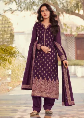 Purple Jacquard Embordered Festive Pant Salwar Suit