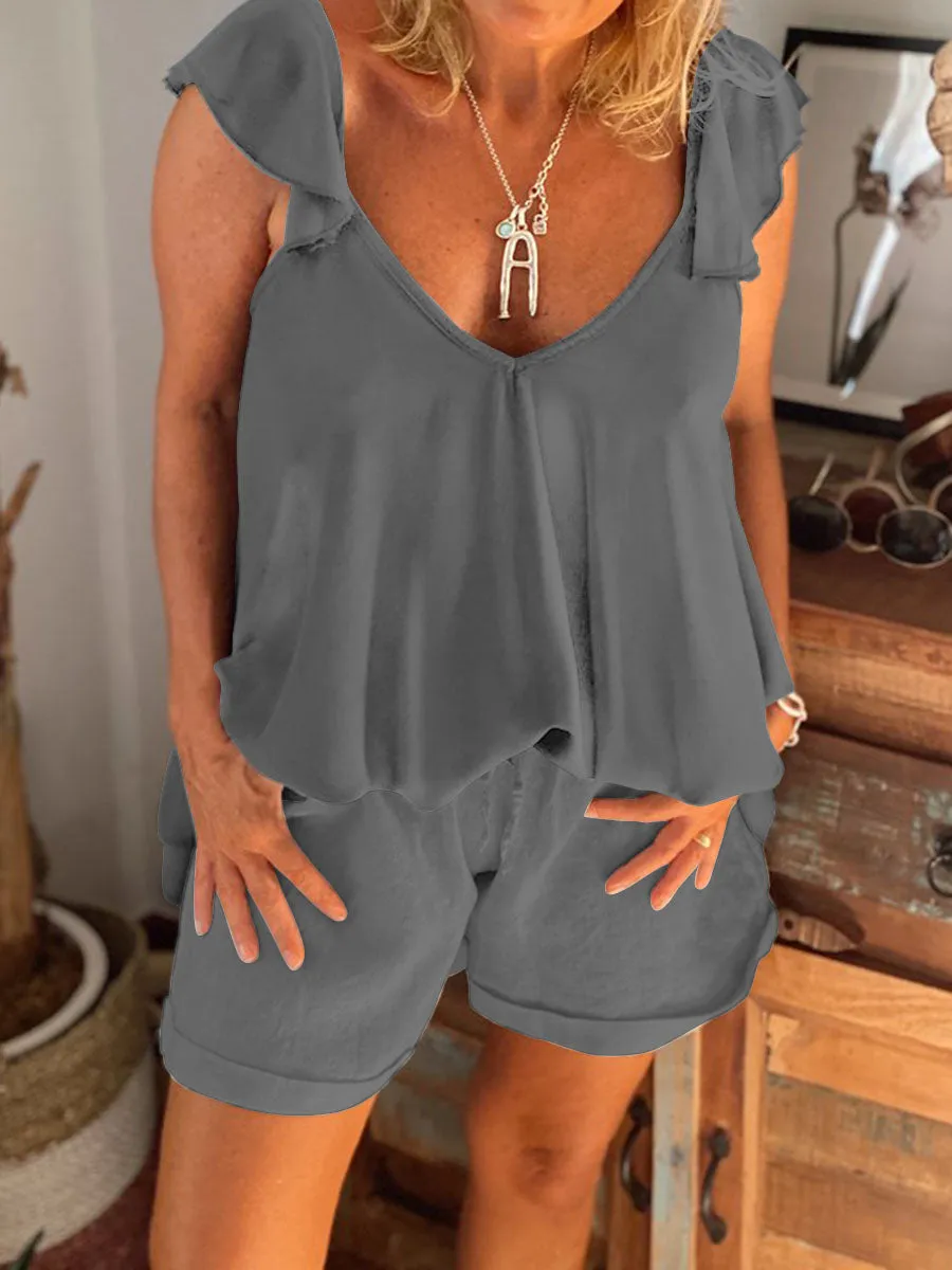 Simple Casual Loose Top Shorts Suit