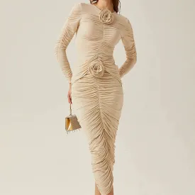 Spliced Appliques Two Piece Set For Women Round Neck Long Sleeve Tops High Waist Bodycon Skirts Elegant Folds Sets Female