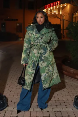 Talk Your Talk Padded Trench Coat - Olive Camouflage