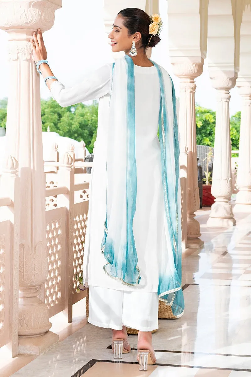 Turvi White Embroidered Straight Kurta With Pant & Dupatta
