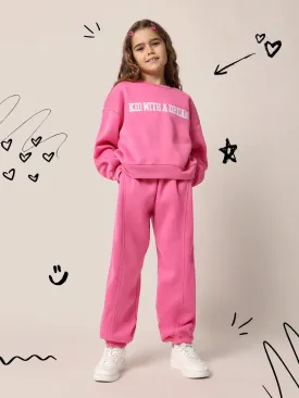 Tween Girls Pink Embroidered Sweatshirt And Jogger 2 Piece Set