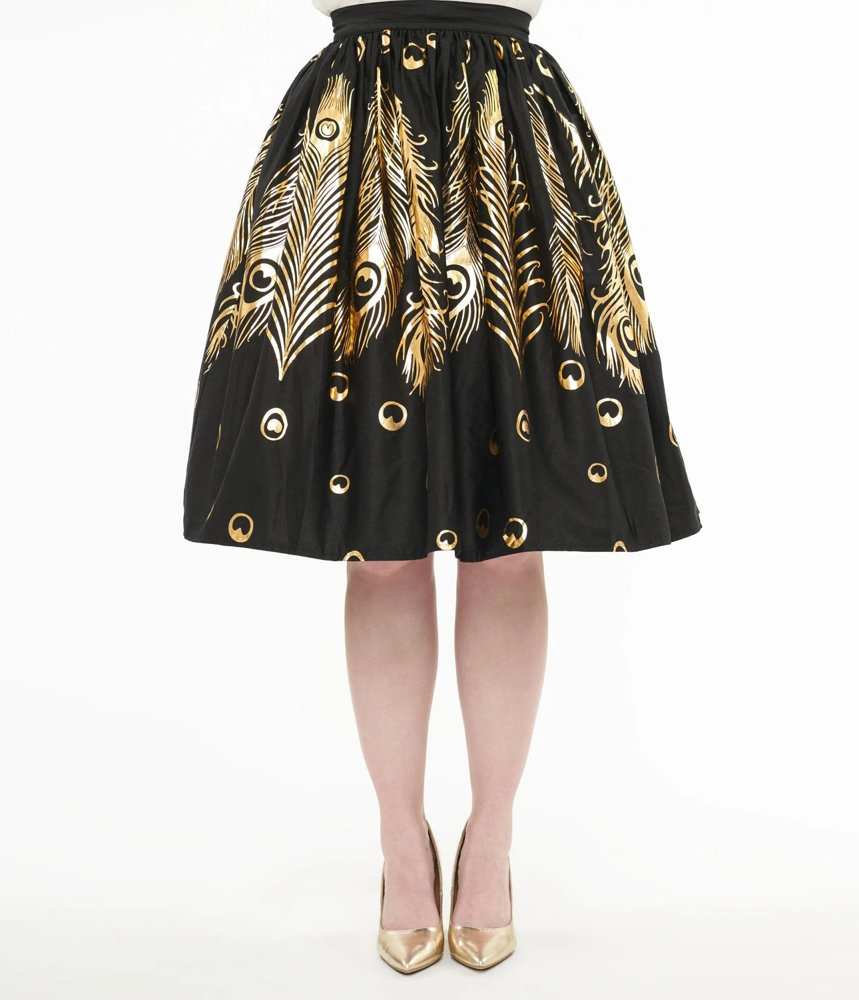 Unique Vintage 1950s Black & Gold Foil Feather Gellar Swing Skirt