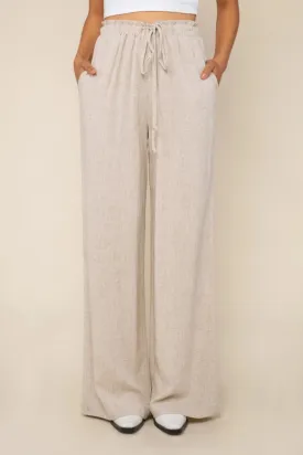 Wide Leg Rayon Linen Pant w/ Ruffle Waistband - Natural