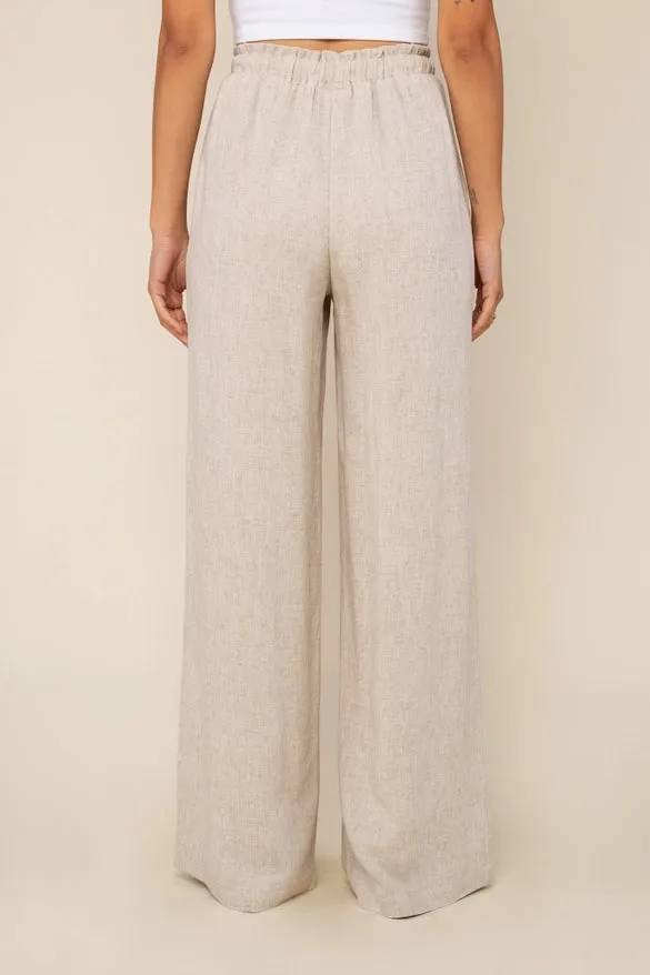 Wide Leg Rayon Linen Pant w/ Ruffle Waistband - Natural
