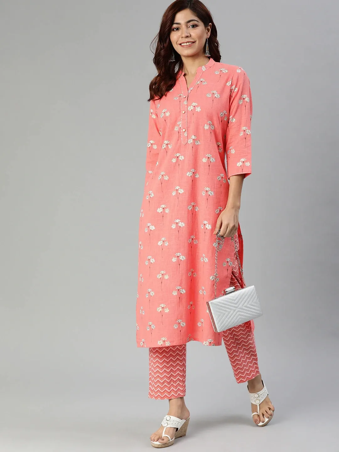 Women'S Pink Flower Print Cotton Kurta Set
