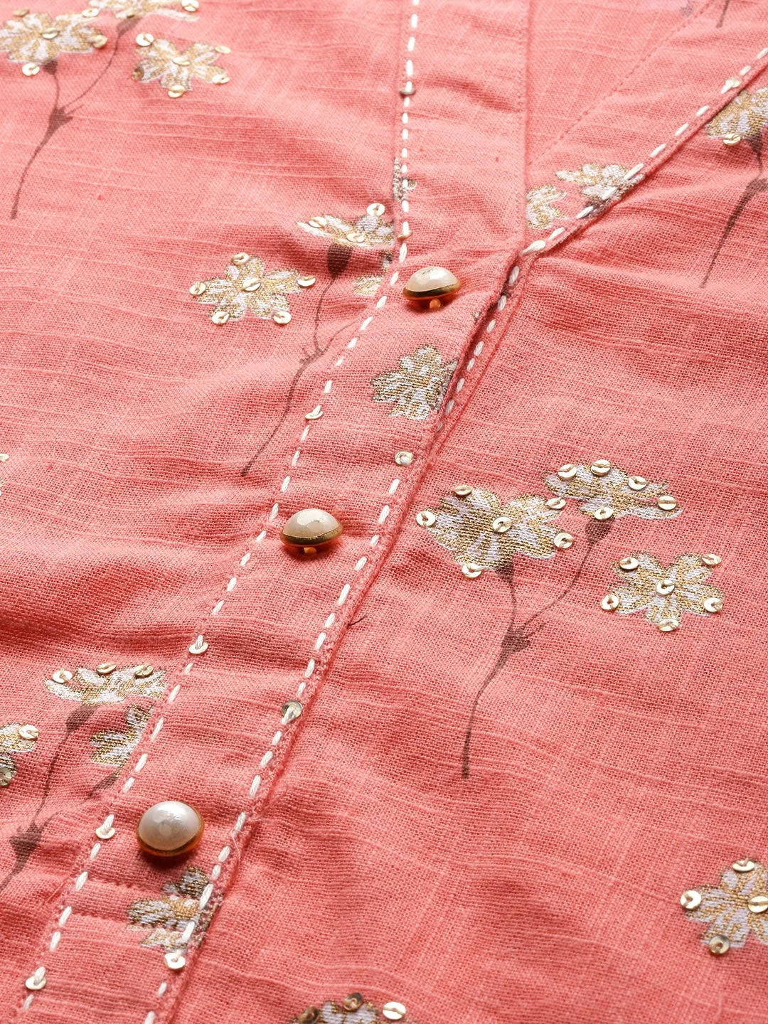 Women'S Pink Flower Print Cotton Kurta Set