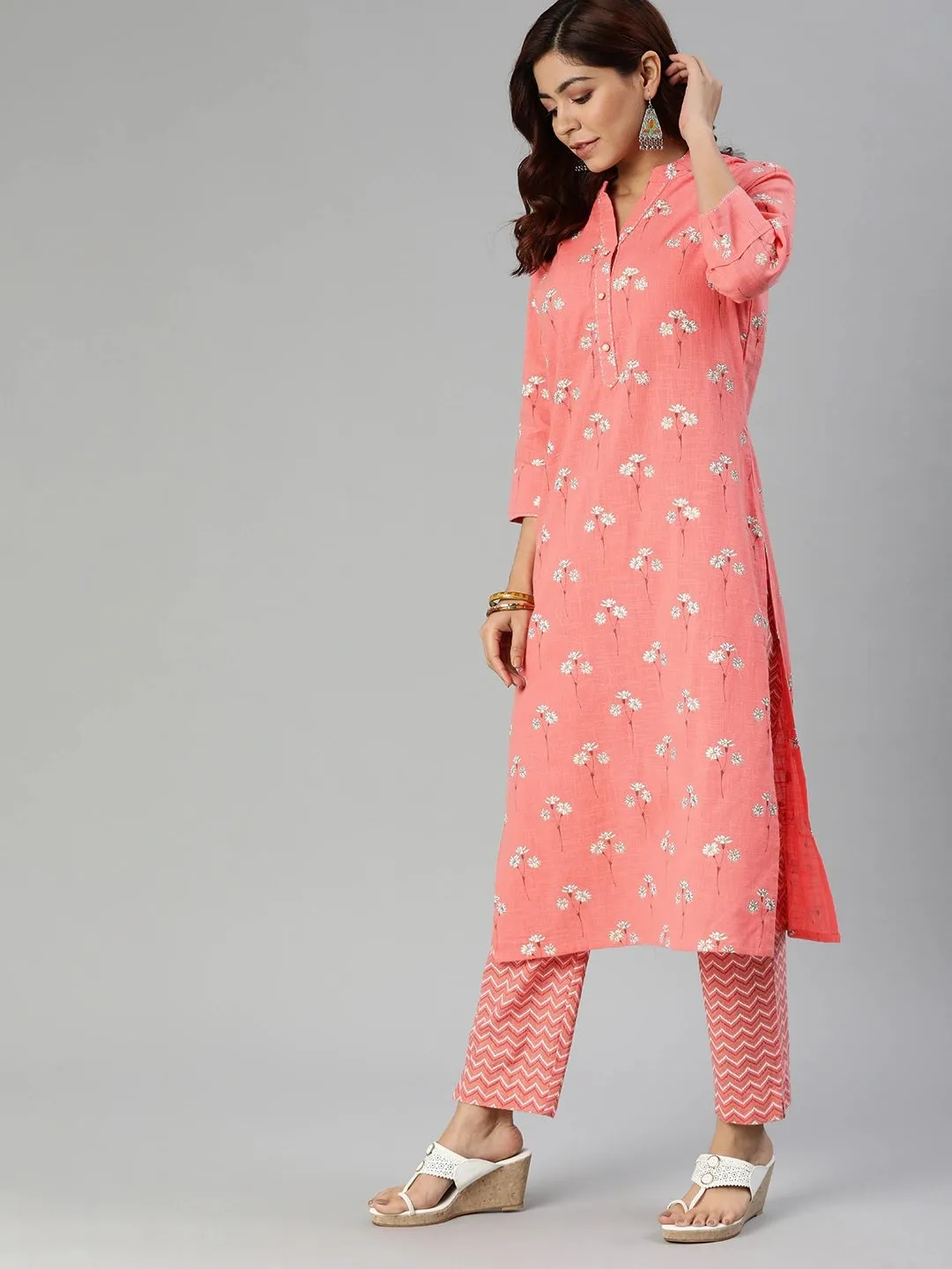 Women'S Pink Flower Print Cotton Kurta Set